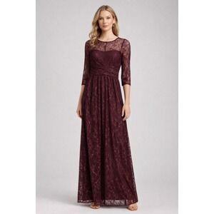 Ellen Tracy Burgundy Lace 3/4 Sleeve Lace Modern MOTB Maxi Dress Size 2